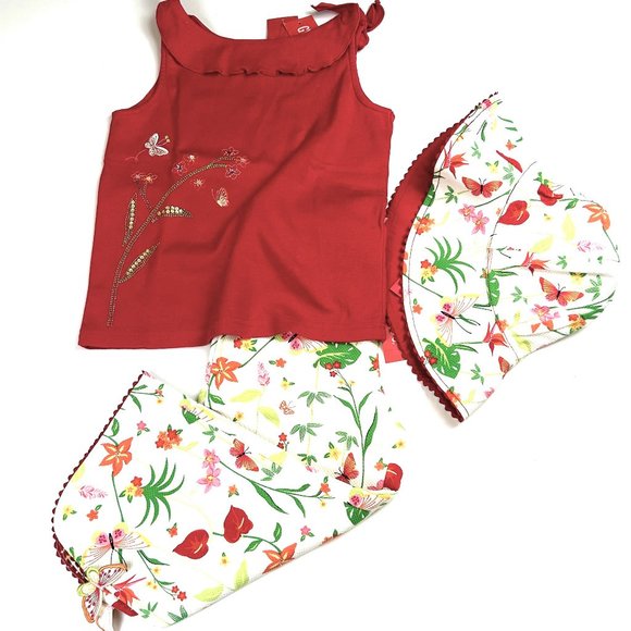 NWT Gymboree Girl Garden Print Capri, Cinched Tank & Reversible Hat Size 6
